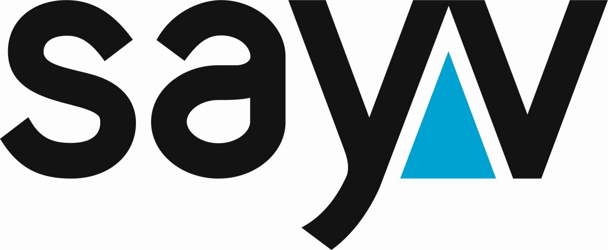 SAYV Logo — schwarzer Schriftzug mit blauem Dreieck